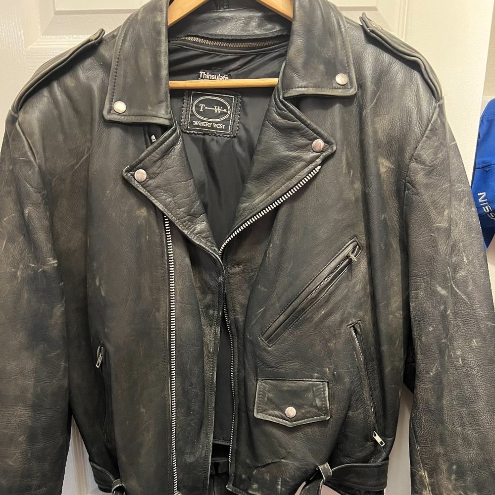 Black Leather Motorcycle Jacket, Distressed